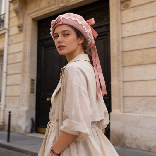 Béret en laine pour femme avec ruban et dentelle