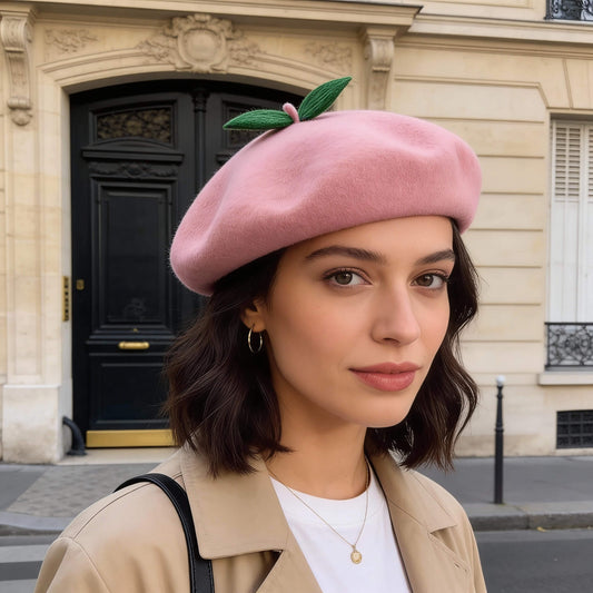 Béret en laine pour femme style pêche rose