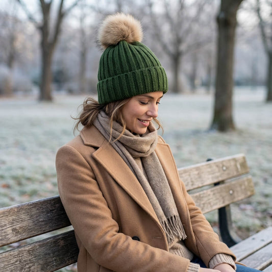 Bonnet en laine femme hiver doublé polaire avec pompon détachable