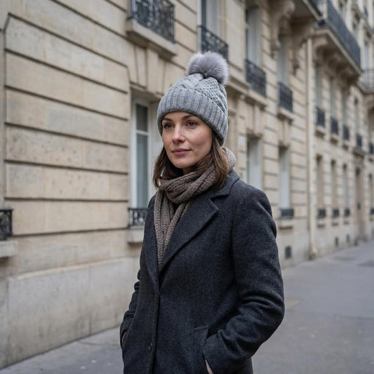 Bonnet en laine femme hiver torsadé pompon fourrure