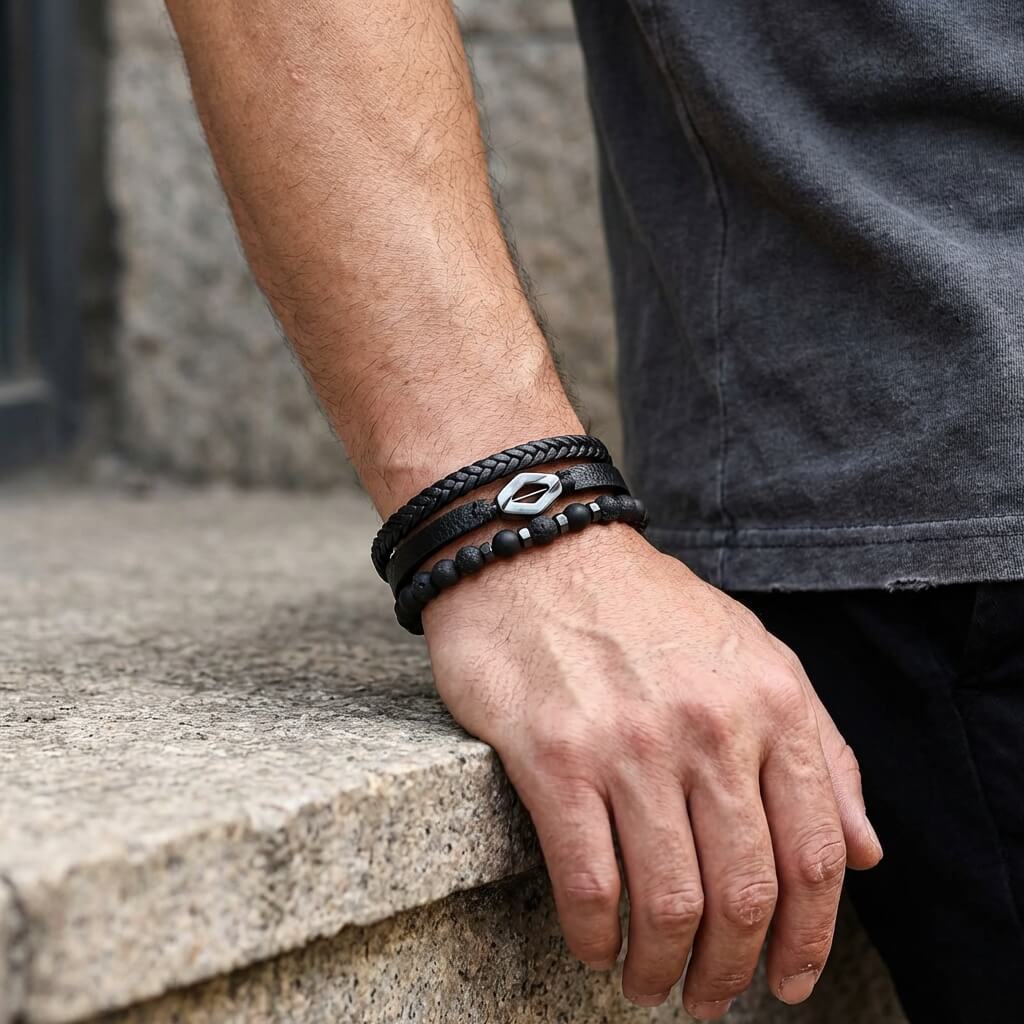 Bracelet en cuir tressé multi-rangs