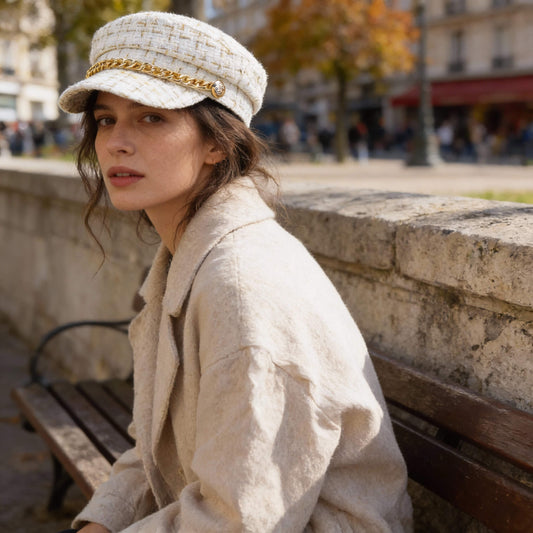 Casquette gavroche à chaîne – tweed à carreaux pour un look chic