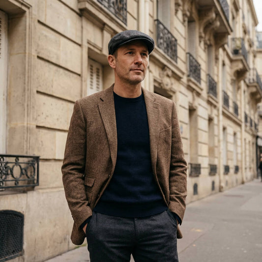 Casquette plate homme – motif chevrons, esprit tweed