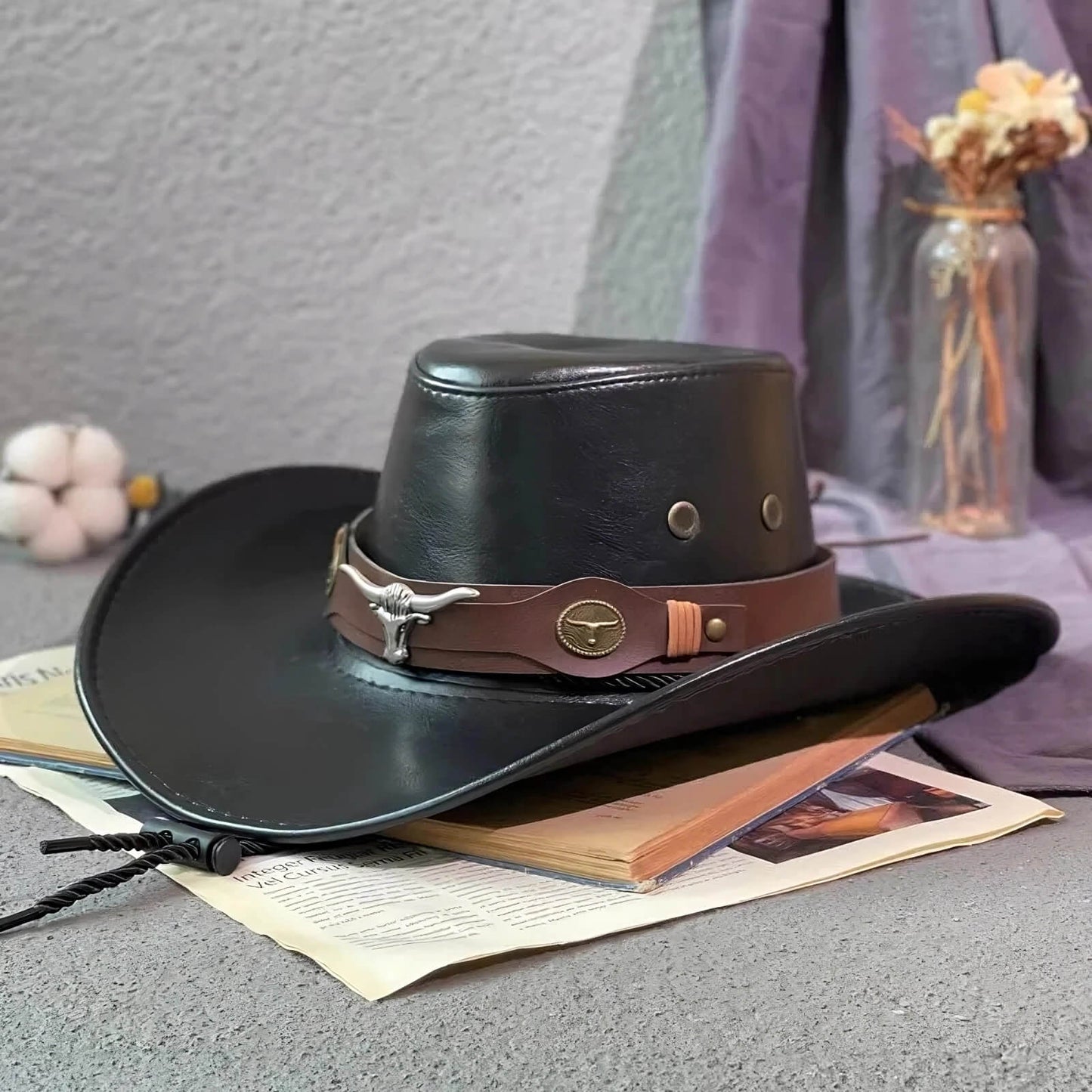 Chapeau cowboy en similicuir unisexe au style vintage