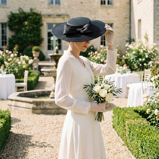 Chapeau de mariage à large bord et grand nœud pour femme