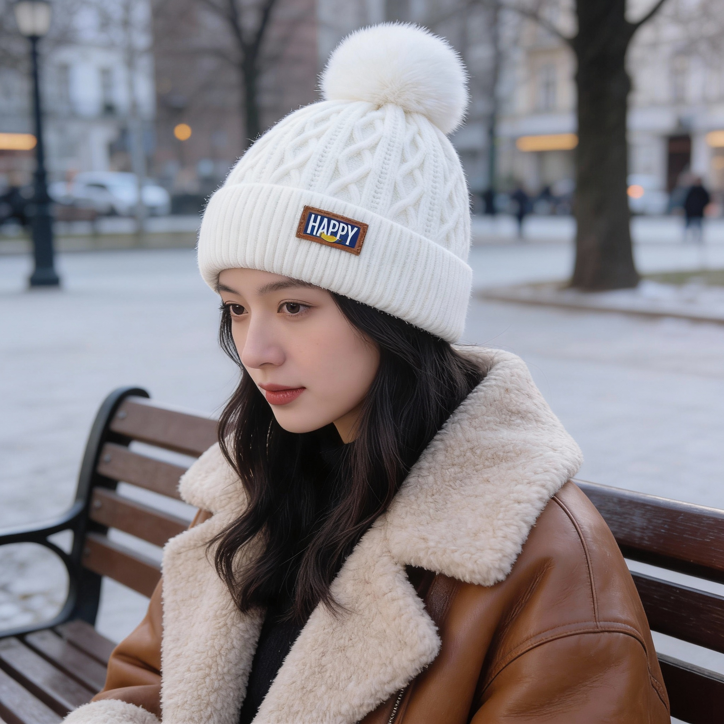Bonnet pompon épais pour femme hiver