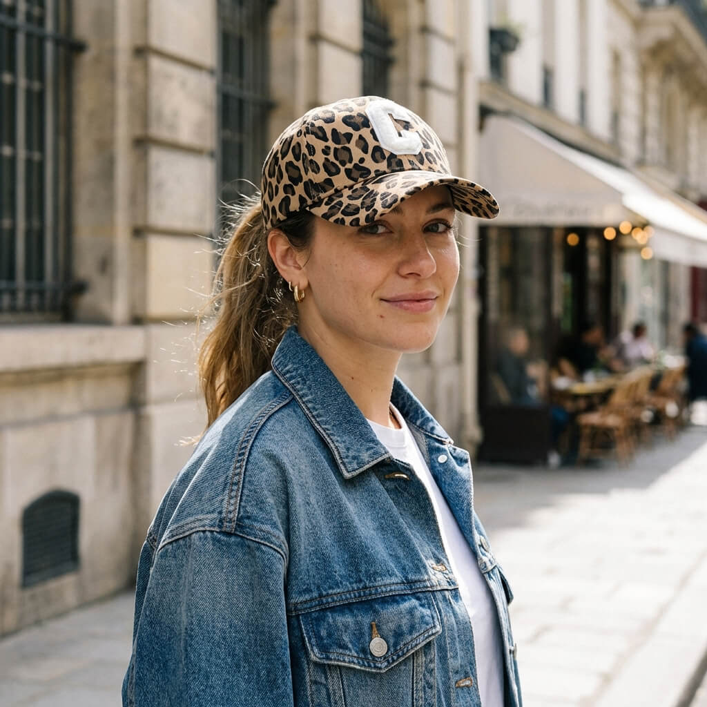Casquette léopard avec lettre C blanche