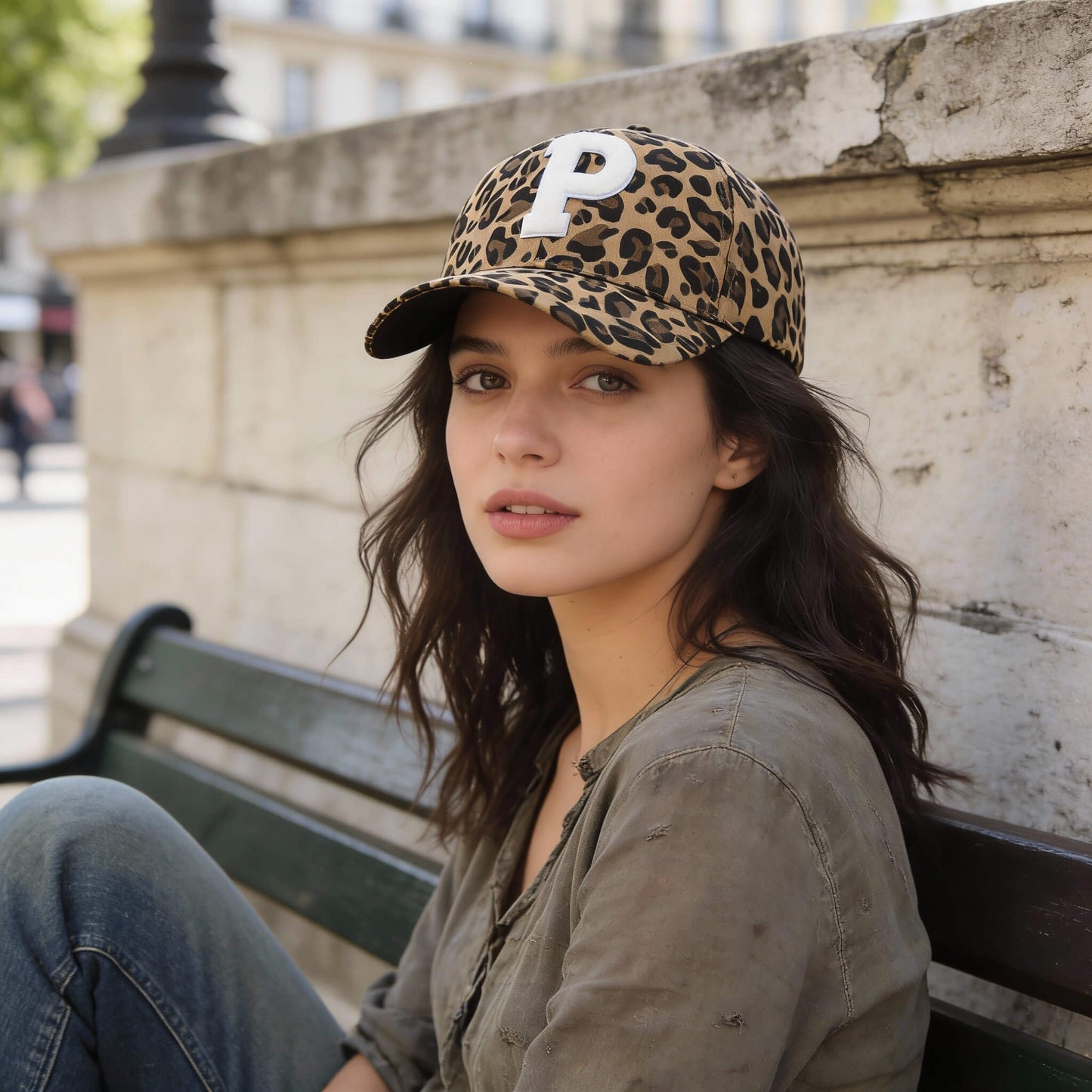 Casquette léopard avec lettre P blanche