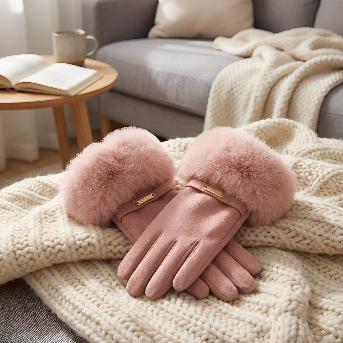 Gants femme hiver en suédine et fausse fourrure – doublés velours et tactiles