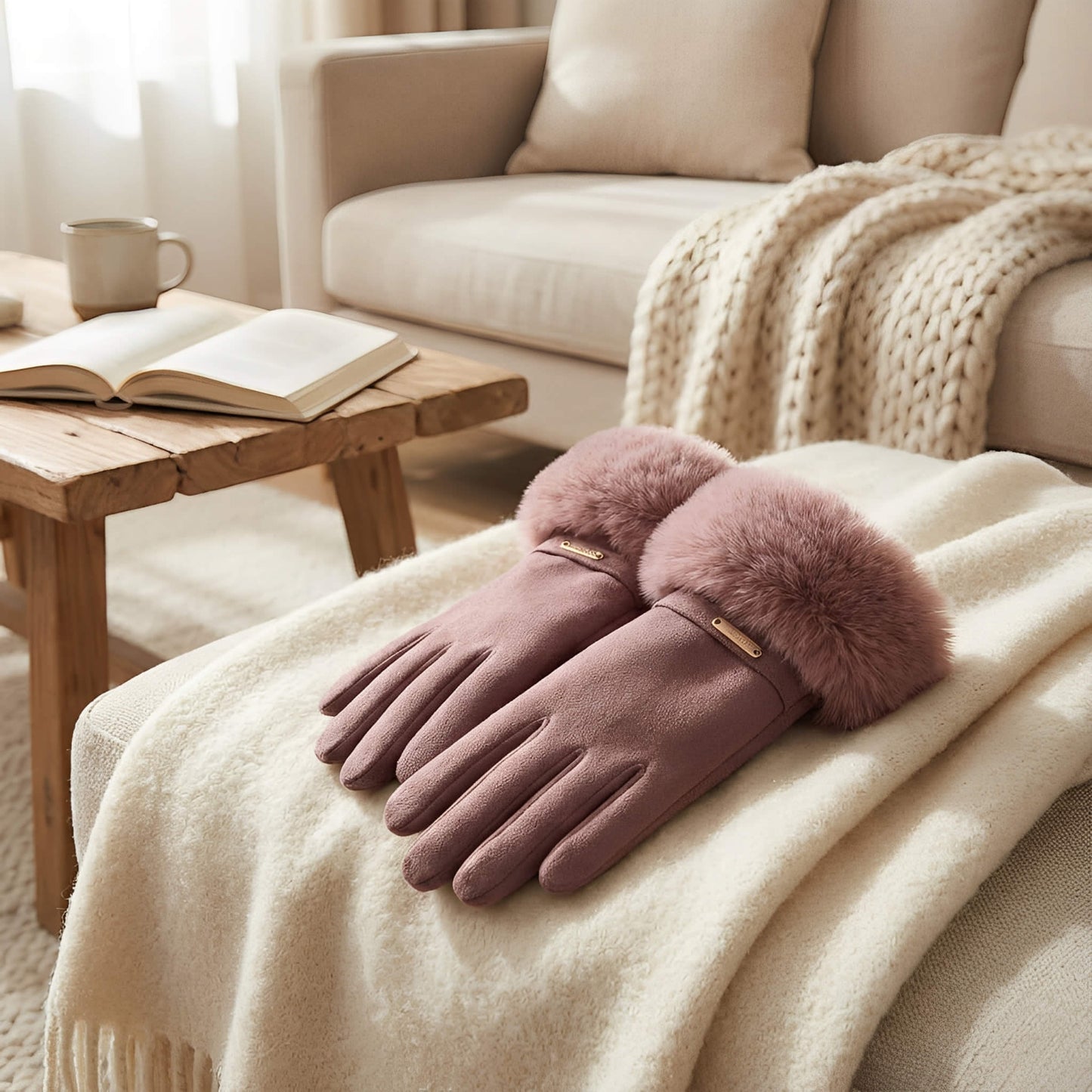 Gants femme hiver en suédine et fausse fourrure – doublés velours et tactiles