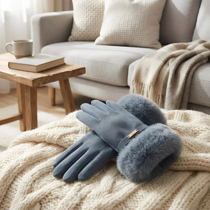 Gants femme hiver en suédine et fausse fourrure – doublés velours et tactiles