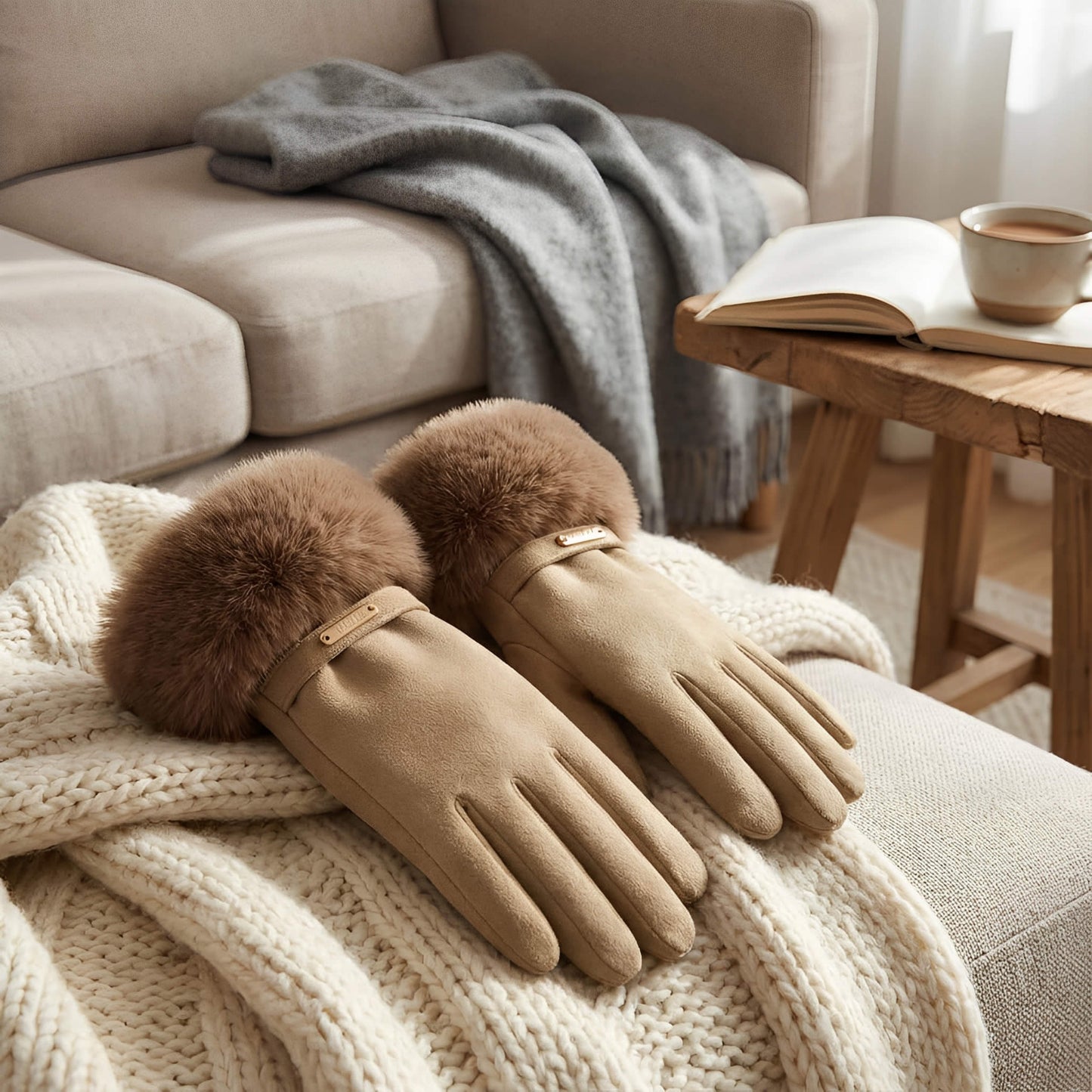 Gants femme hiver en suédine et fausse fourrure – doublés velours et tactiles