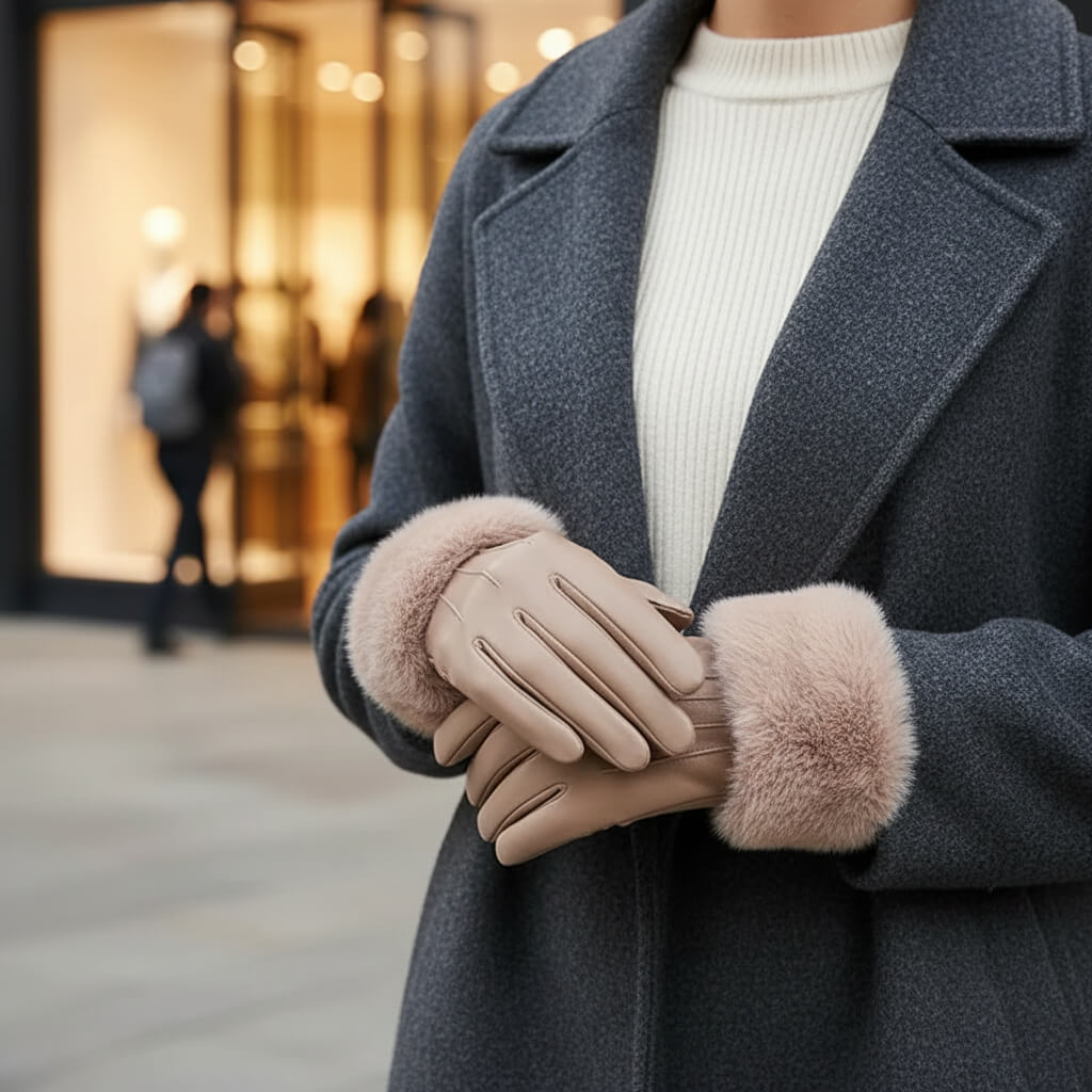 Gants femme hiver luxe en similicuir avec fausse fourrure