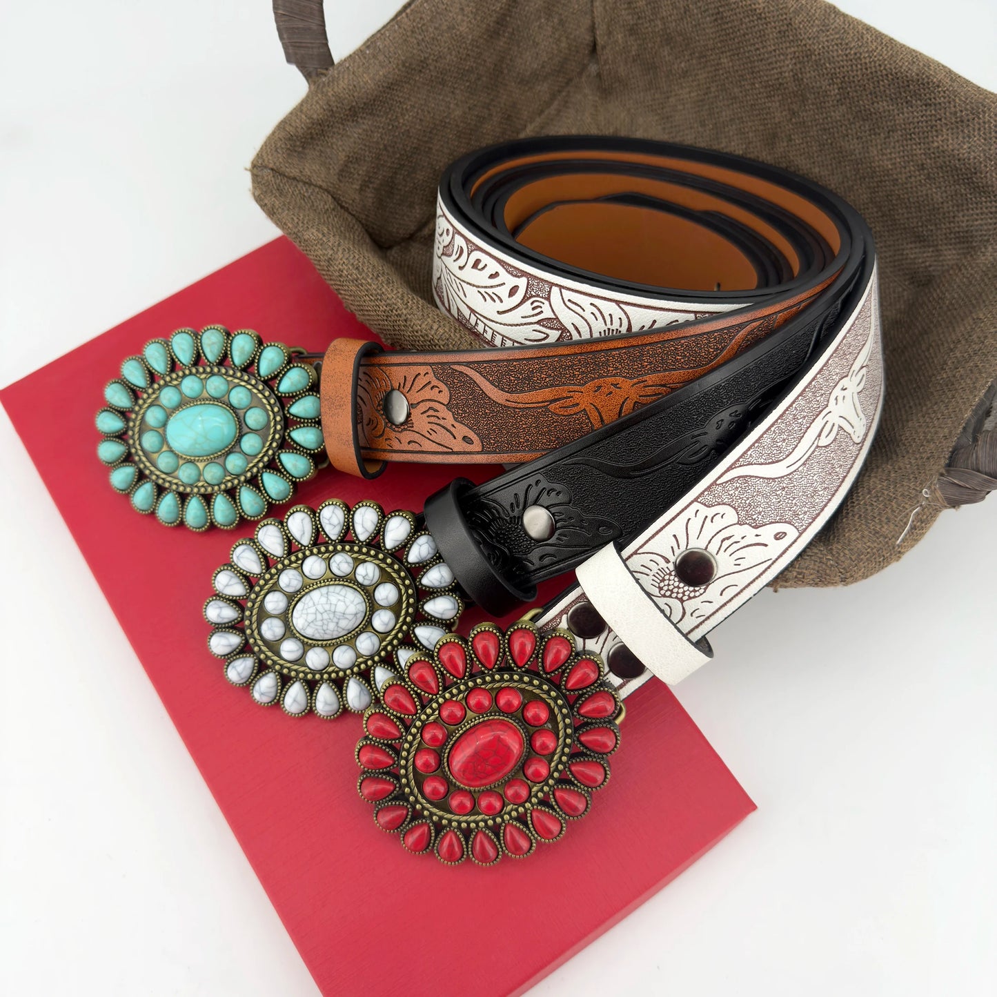 Ceinture cowboy en cuir aux détails turquoise