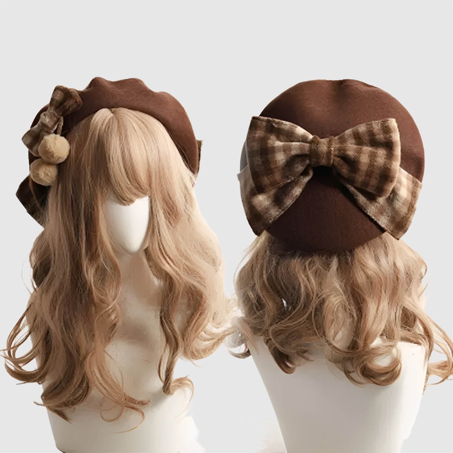 Béret en laine pour femme avec grand nœud à carreaux