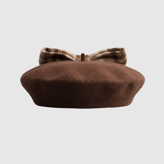 Béret en laine pour femme avec grand nœud à carreaux