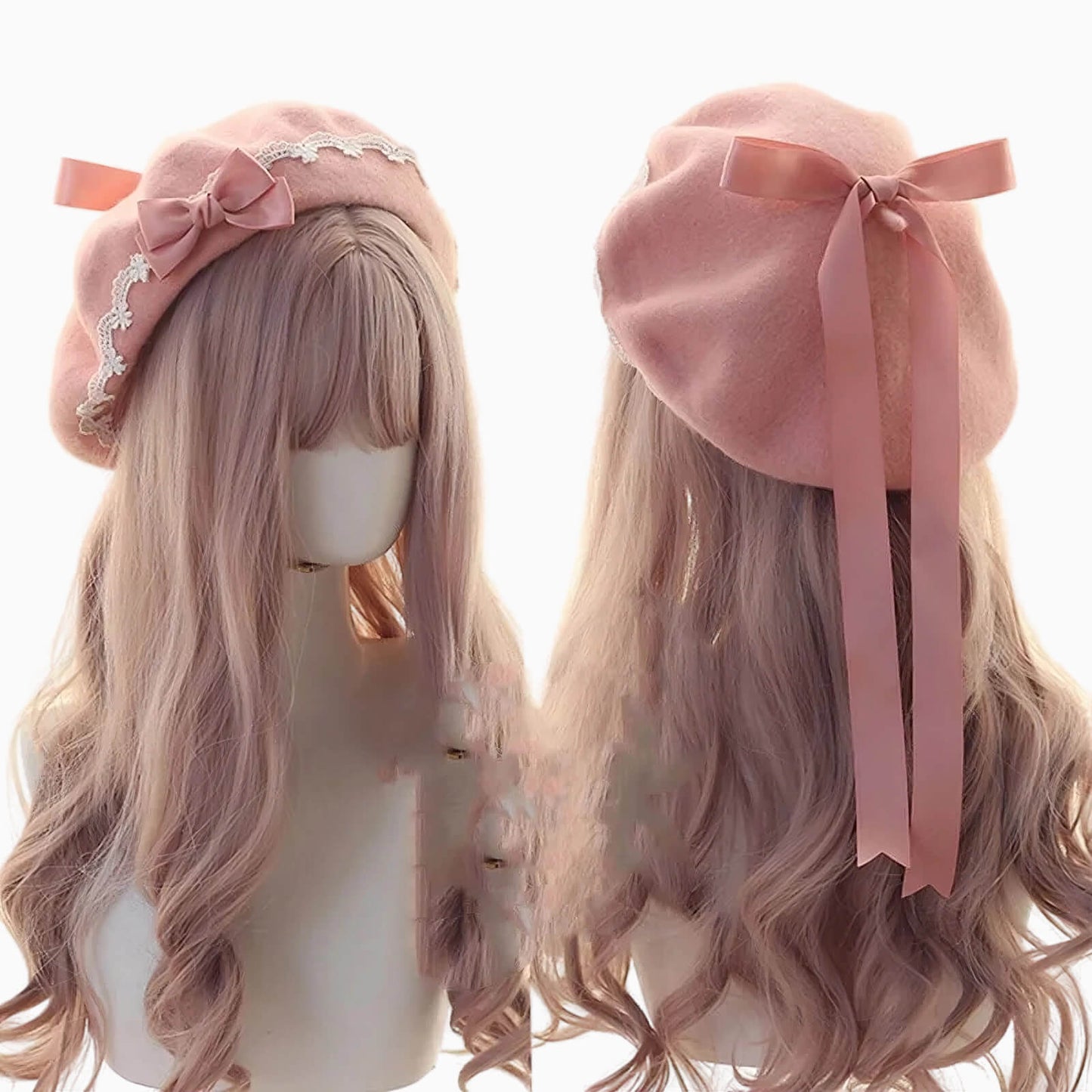 Béret en laine pour femme avec ruban et dentelle