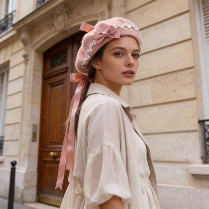 Béret en laine pour femme avec ruban et dentelle