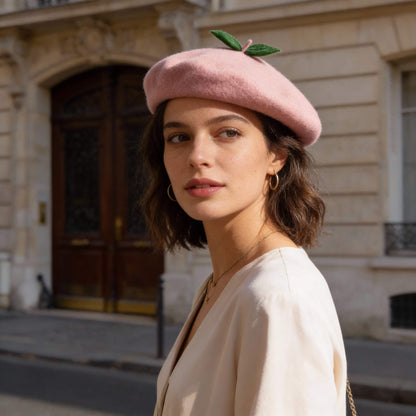 Béret en laine pour femme style pêche rose
