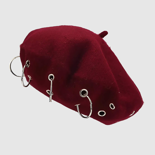 Béret en laine pour femme style rock avec anneaux métalliques