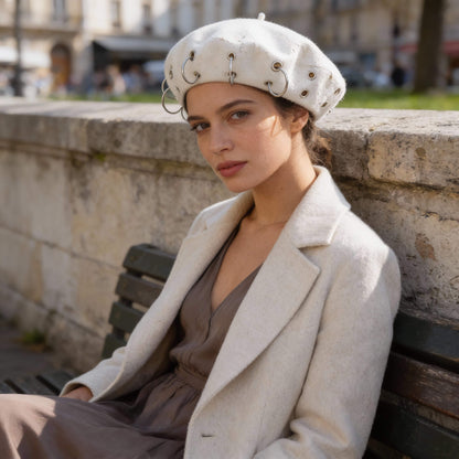 Béret en laine pour femme style rock avec anneaux métalliques