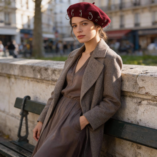 Béret en laine pour femme style rock avec anneaux métalliques