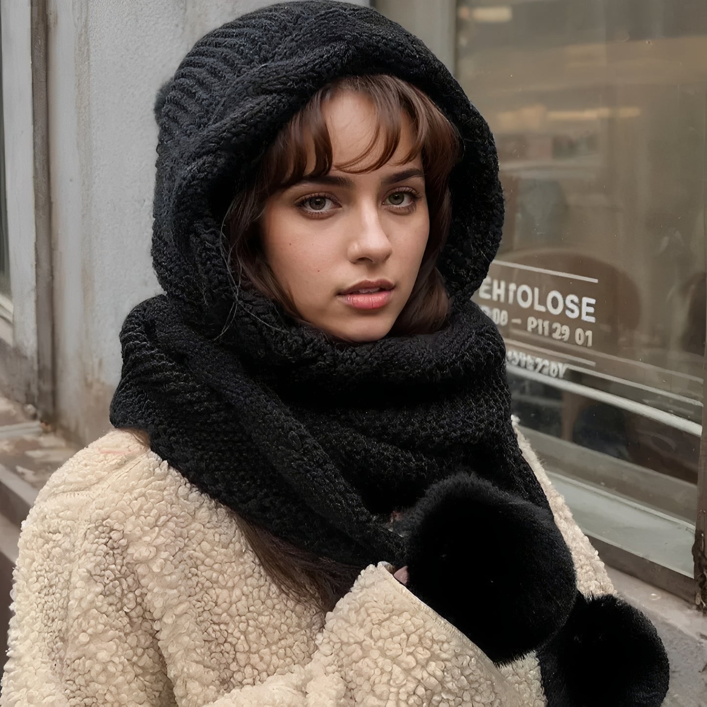 Bonnet écharpe chaud pour femme avec pompon