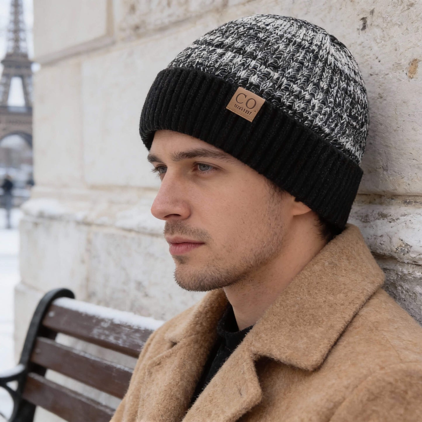 Bonnet en laine bicolore unisexe doublé chaud