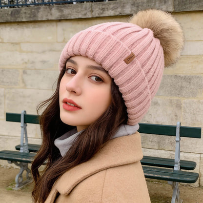 Bonnet en laine femme hiver doublé polaire avec pompon détachable