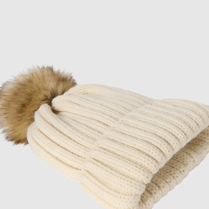 Bonnet en laine femme hiver doublé polaire avec pompon détachable