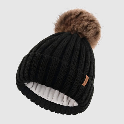 Bonnet en laine femme hiver doublé polaire avec pompon détachable