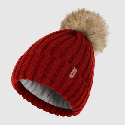 Bonnet en laine femme hiver doublé polaire avec pompon détachable