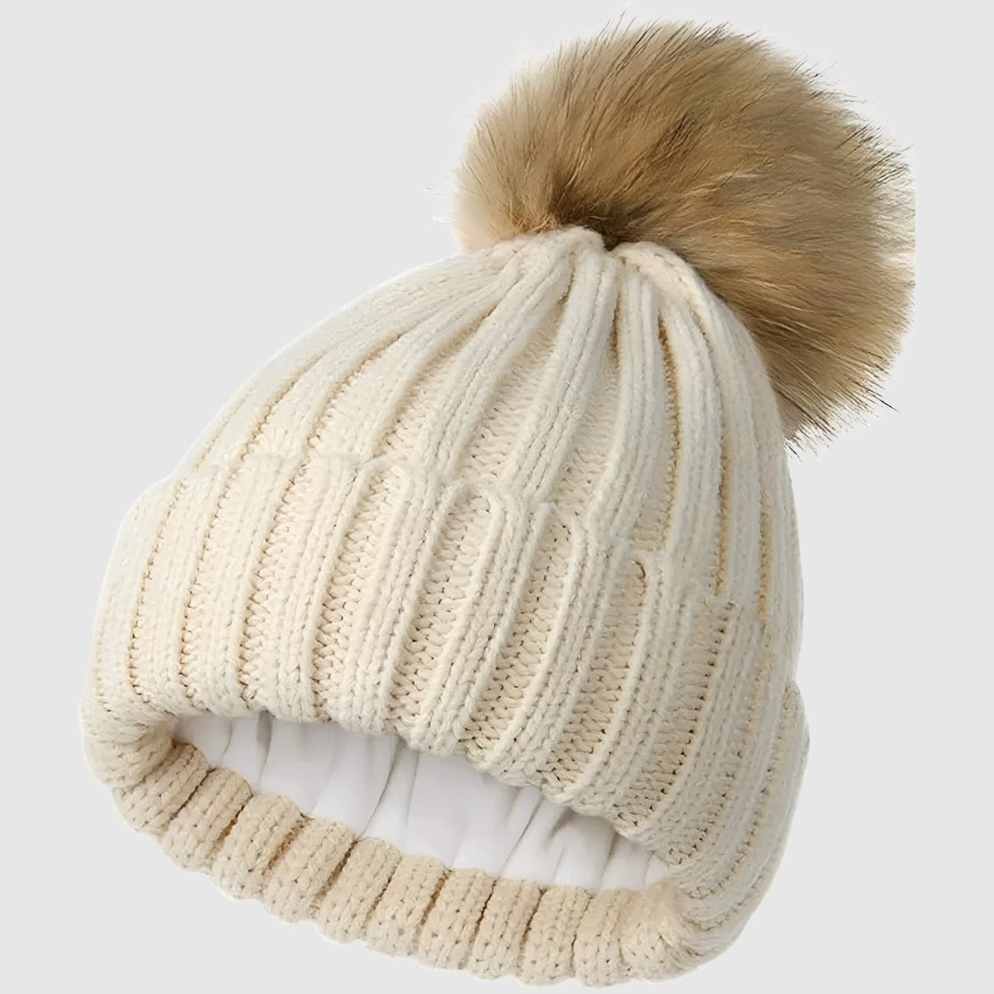 Bonnet en laine femme hiver doublé polaire avec pompon détachable