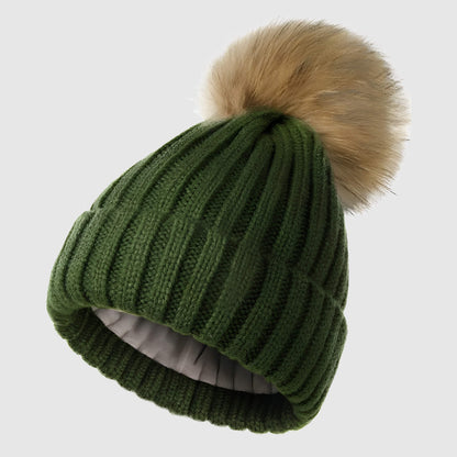 Bonnet en laine femme hiver doublé polaire avec pompon détachable