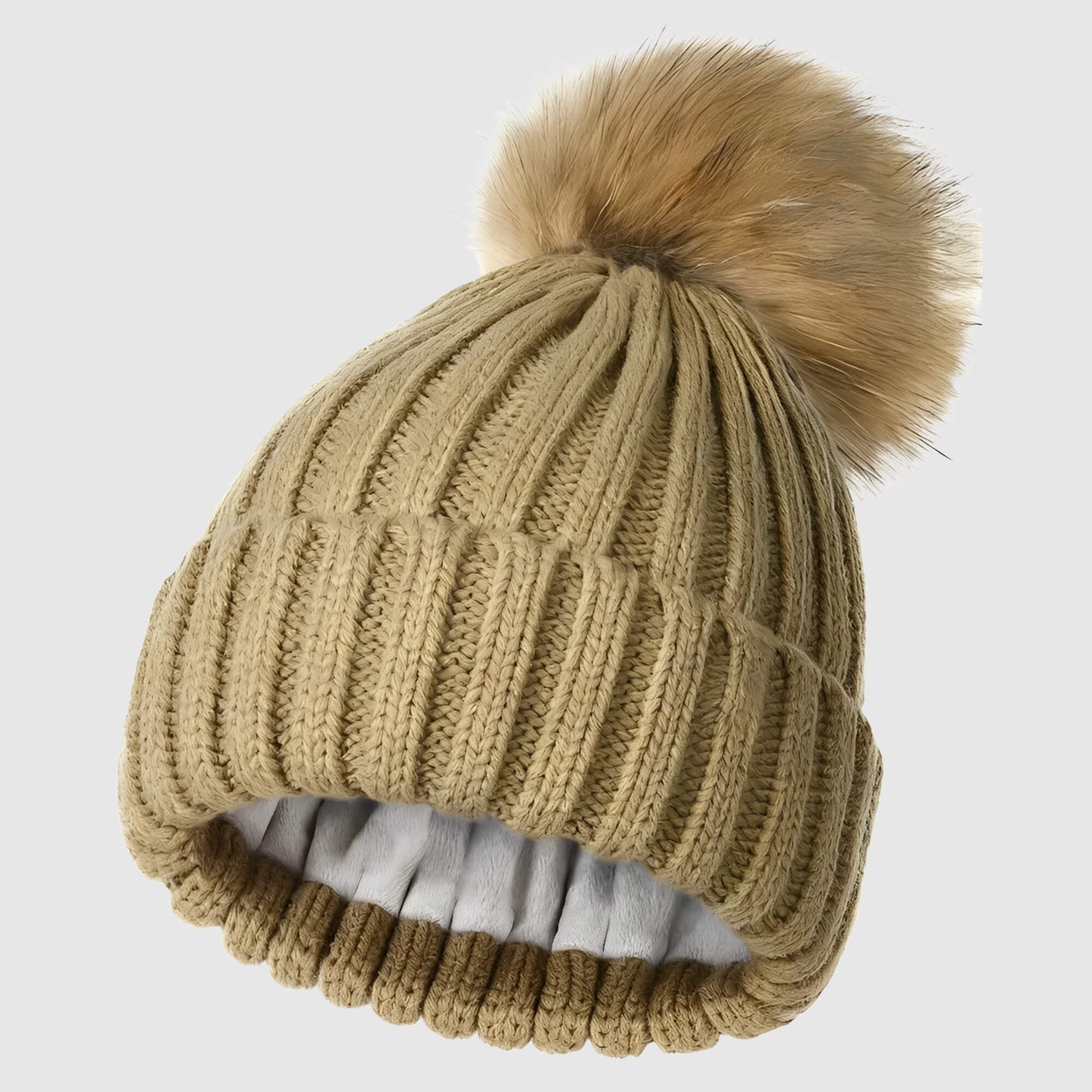Bonnet en laine femme hiver doublé polaire avec pompon détachable
