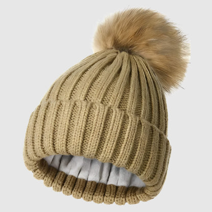 Bonnet en laine femme hiver doublé polaire avec pompon détachable