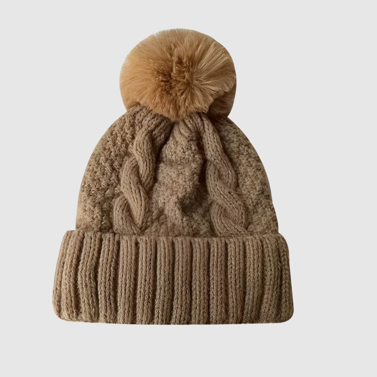 Bonnet en laine femme hiver torsadé pompon fourrure