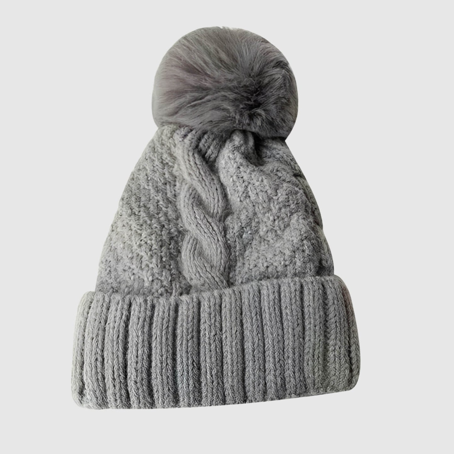 Bonnet en laine femme hiver torsadé pompon fourrure