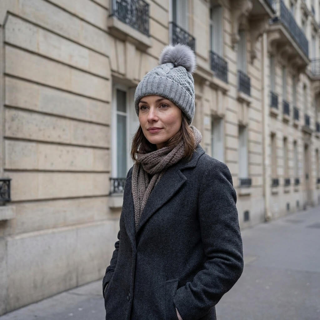 Bonnet en laine femme hiver torsadé pompon fourrure
