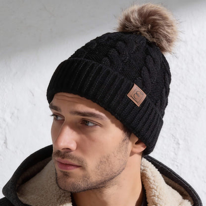 Bonnet en laine unisexe torsadé pompon hiver