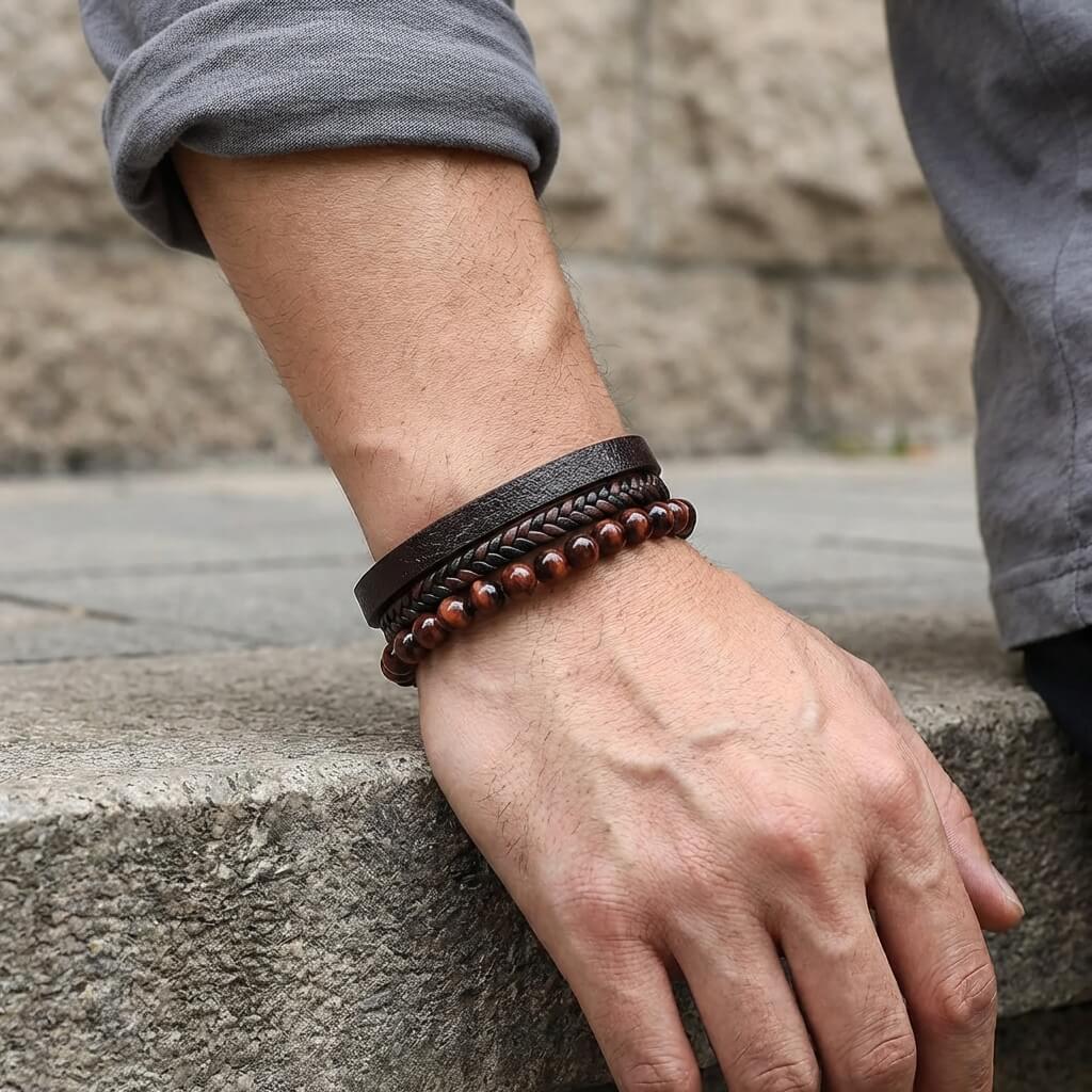 Bracelet en cuir tressé multi-rangs