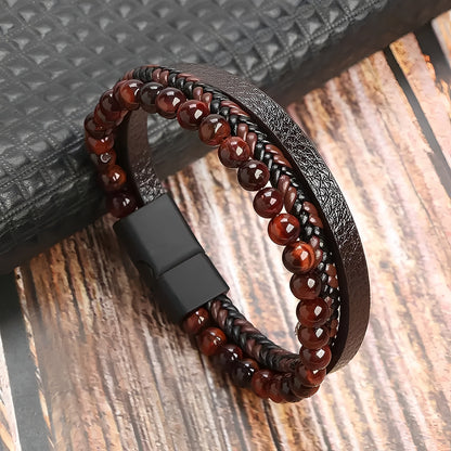 Bracelet en cuir tressé multi-rangs