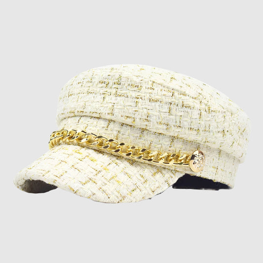Casquette gavroche à chaîne – tweed à carreaux pour un look chic