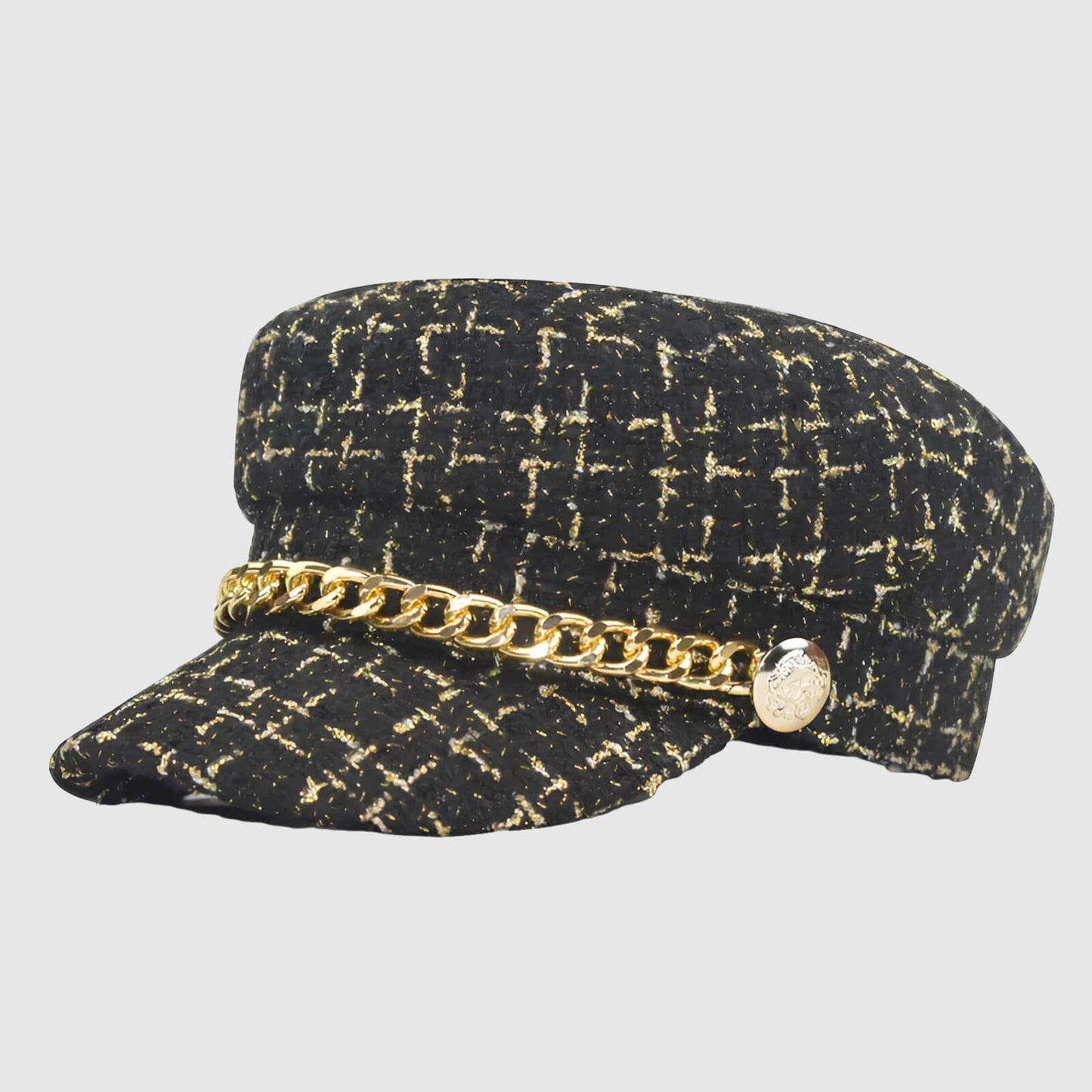 Casquette gavroche à chaîne – tweed à carreaux pour un look chic