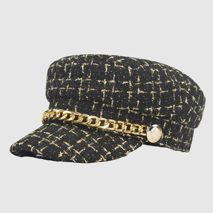 Casquette gavroche à chaîne – tweed à carreaux pour un look chic