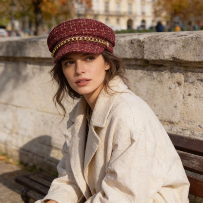 Casquette gavroche à chaîne – tweed à carreaux pour un look chic