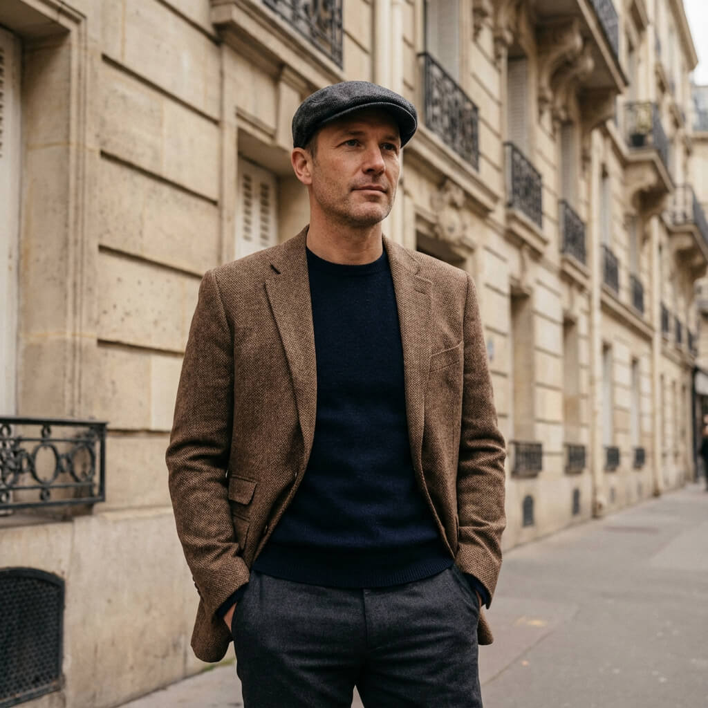 Casquette plate homme – motif chevrons, esprit tweed