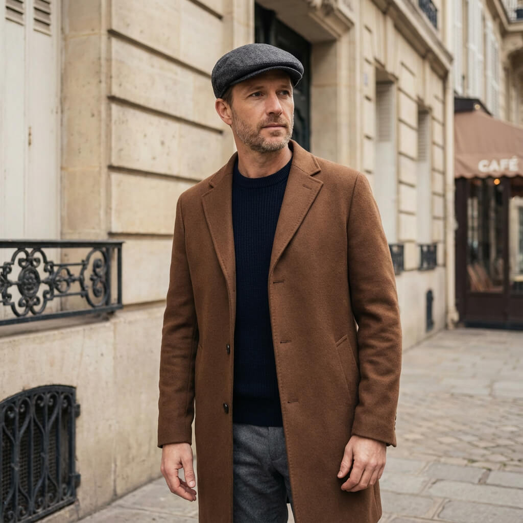 Casquette plate homme – motif chevrons, esprit tweed