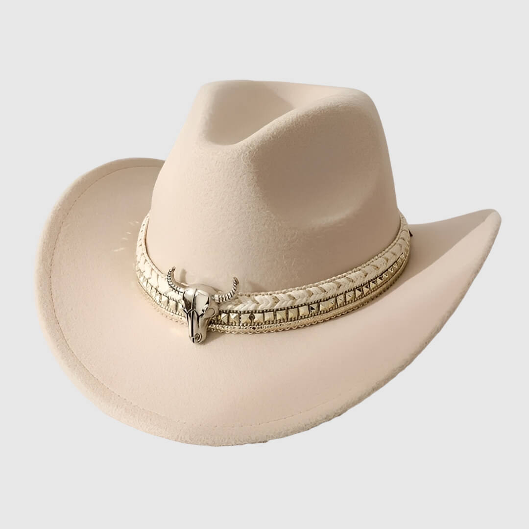 Chapeau cowboy en feutre unisexe avec détail tête de taureau