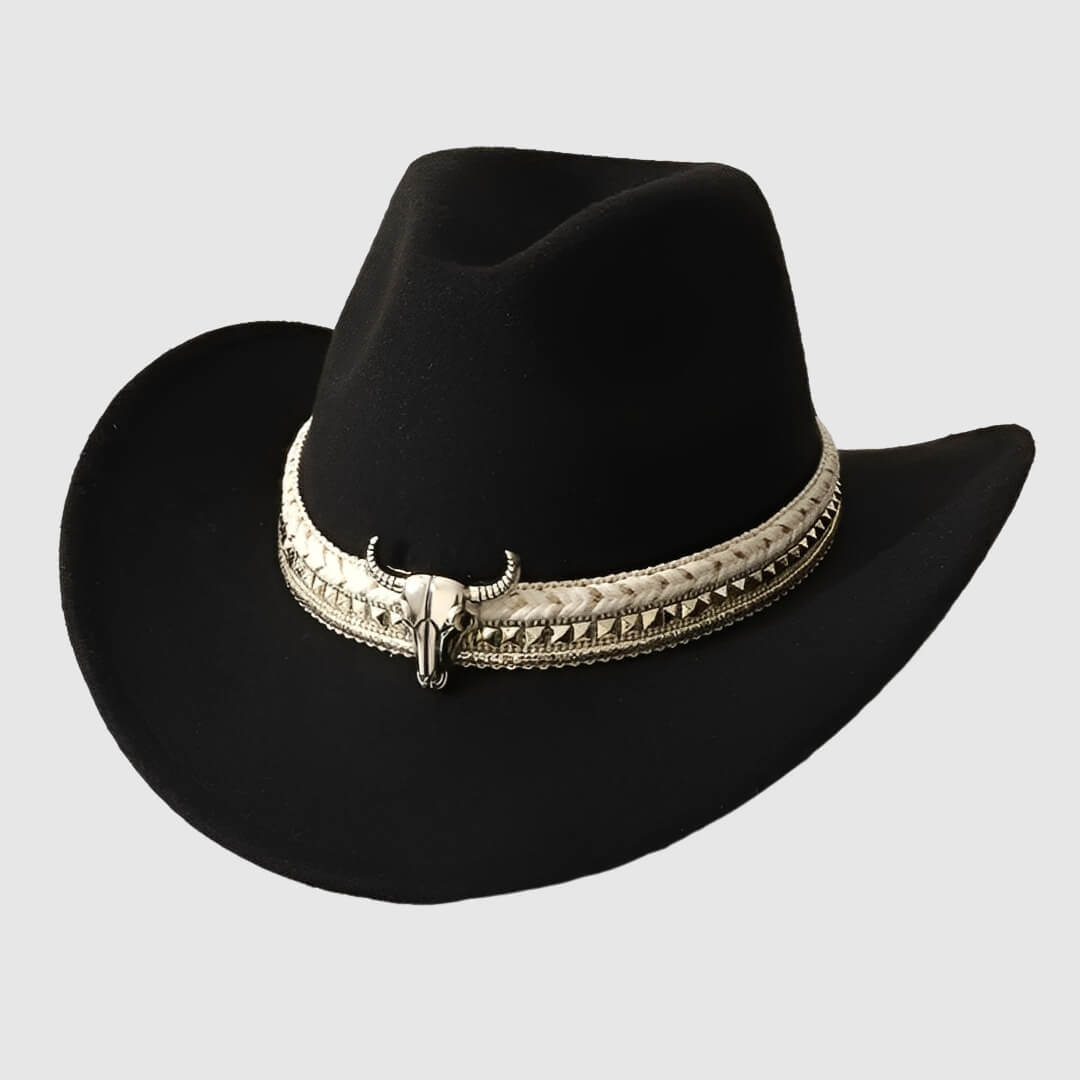 Chapeau cowboy en feutre unisexe avec détail tête de taureau